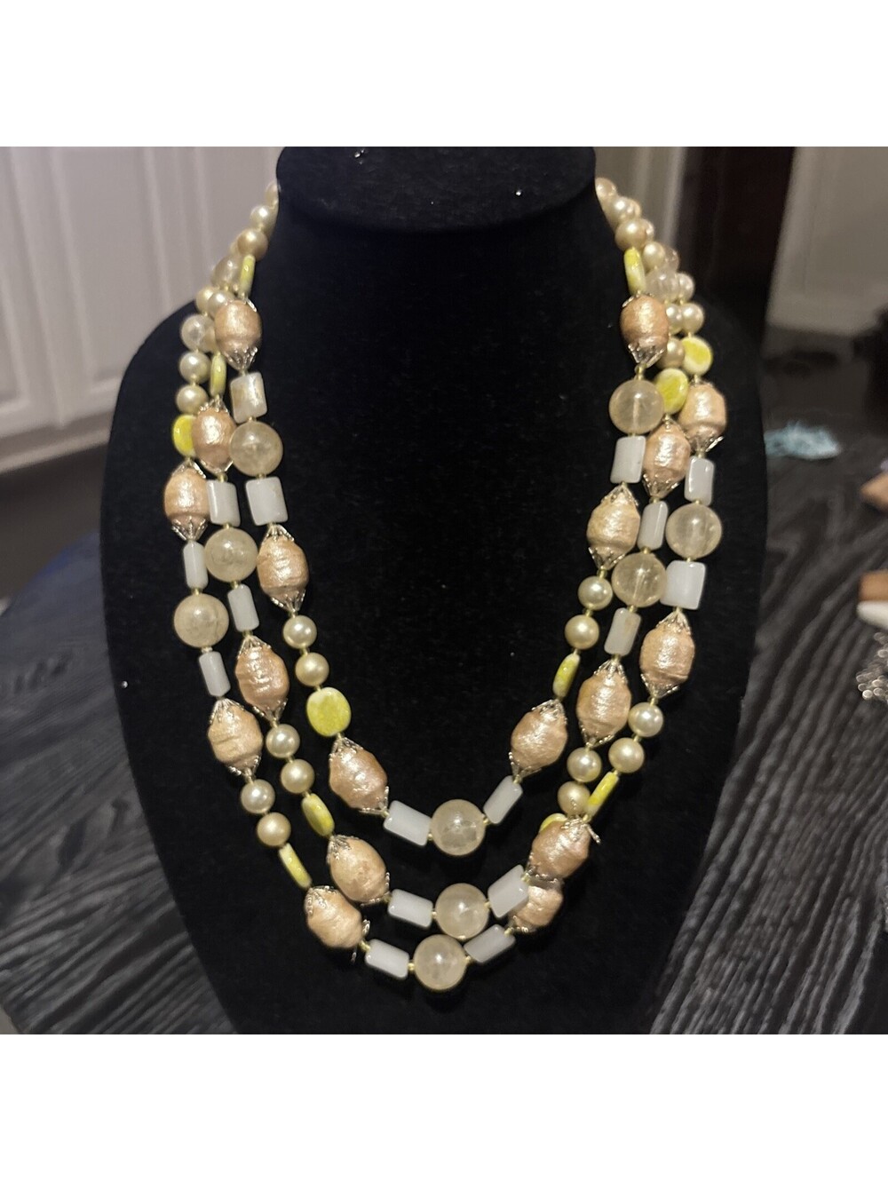 Vintage JAPAN Signed Beaded Triple Strand Necklace